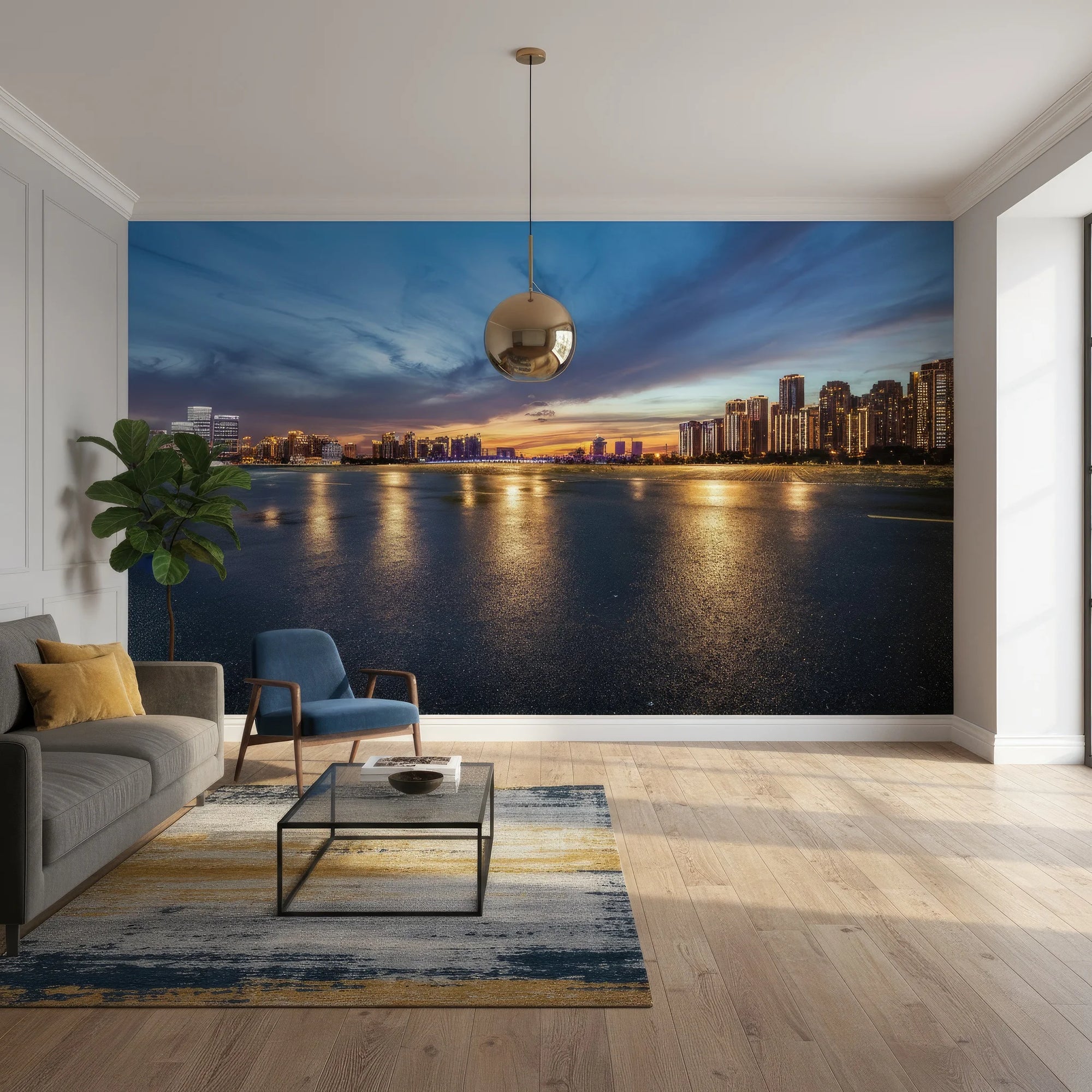 Embers On The Horizon cityscape wallpaper showing sunset skyline reflected in water on modern living room wall