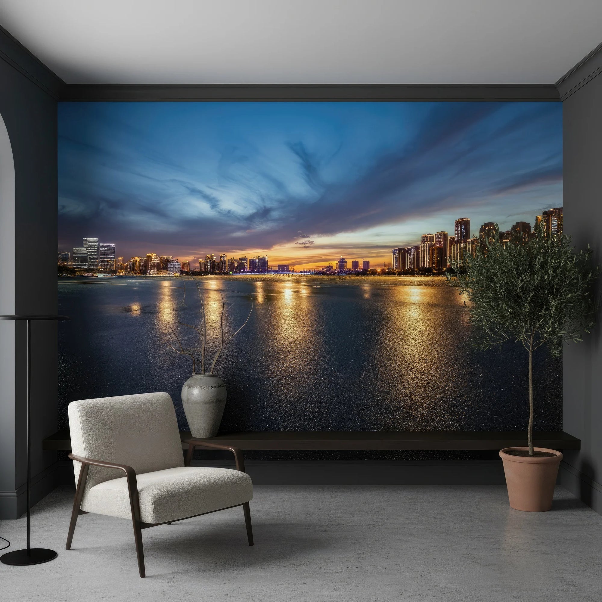 Embers On The Horizon wallpaper mural featuring twilight city skyline with golden reflections on water in modern living room