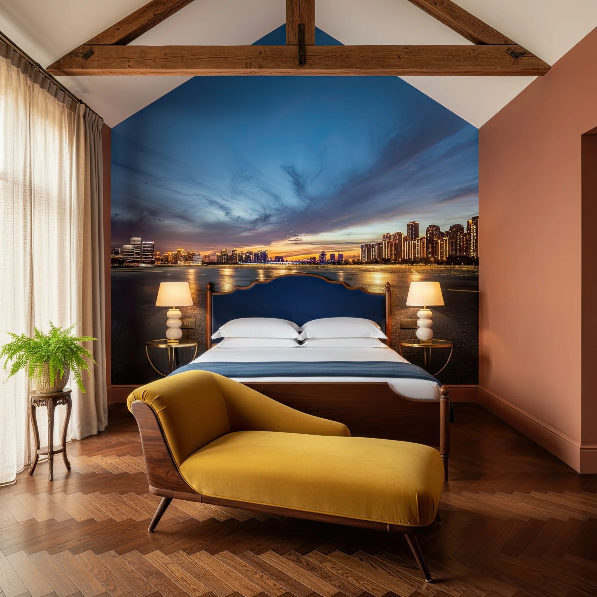 Embers On The Horizon cityscape wallpaper mural showing twilight skyline reflected in water behind bedroom bed