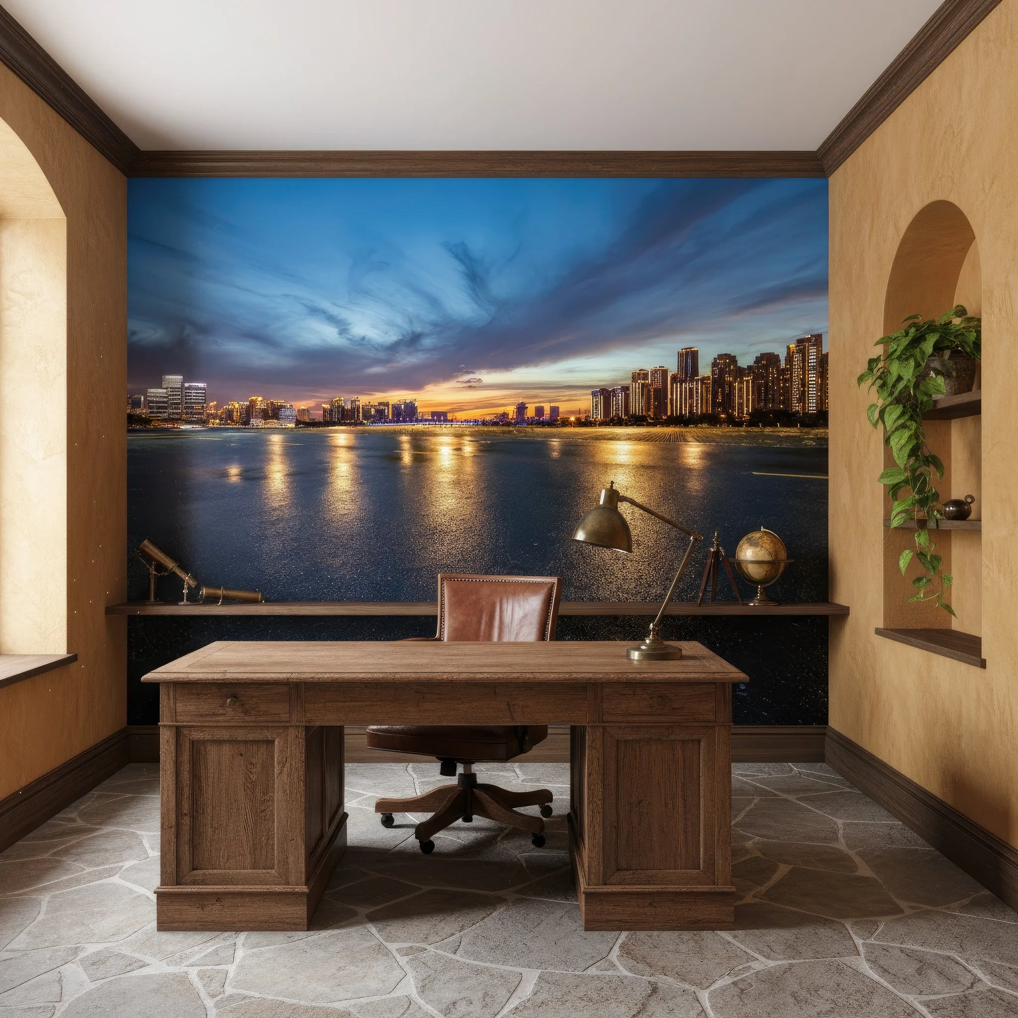 Embers On The Horizon wallpaper featuring twilight cityscape with golden reflections on water in home office setting