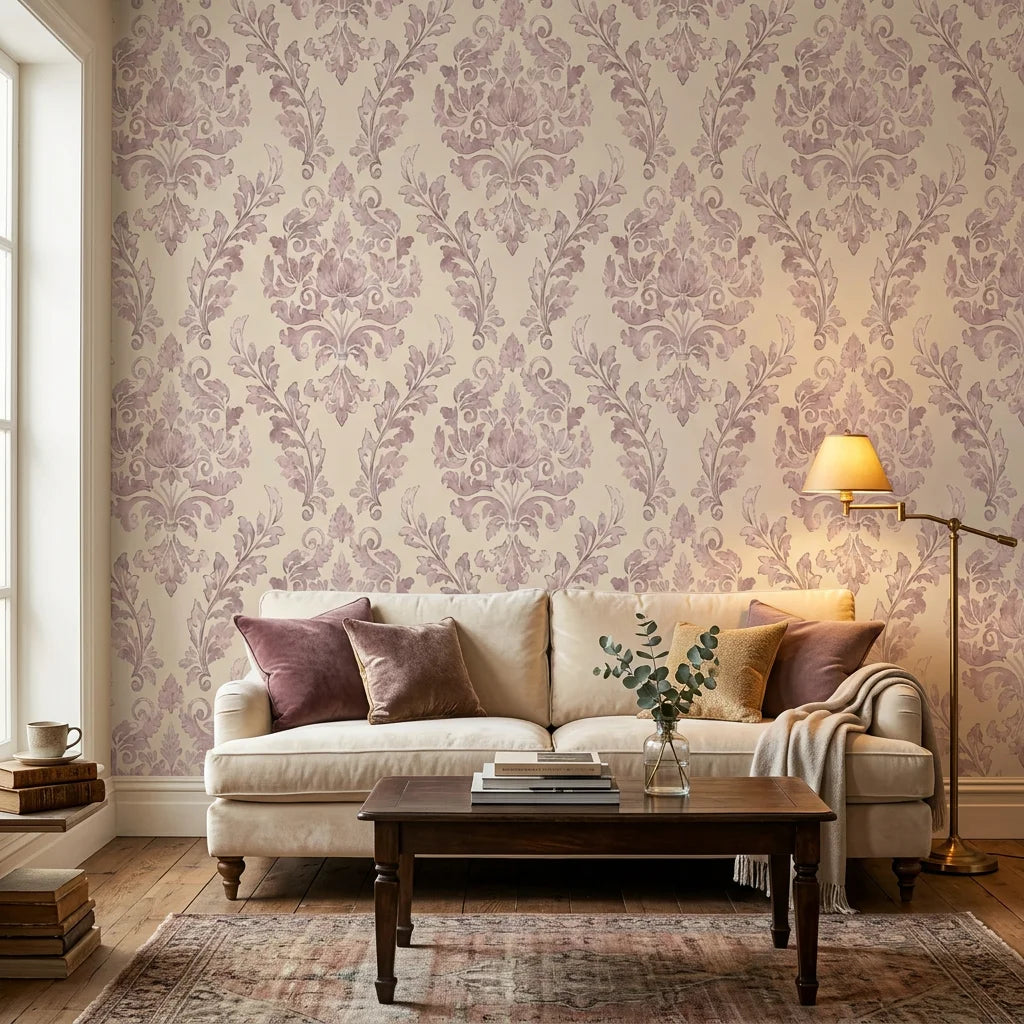 Embroidered Floral Dream soft pink damask wallpaper in a warm and inviting living room