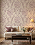 Embroidered Floral Dream soft pink damask wallpaper in a warm and inviting living room