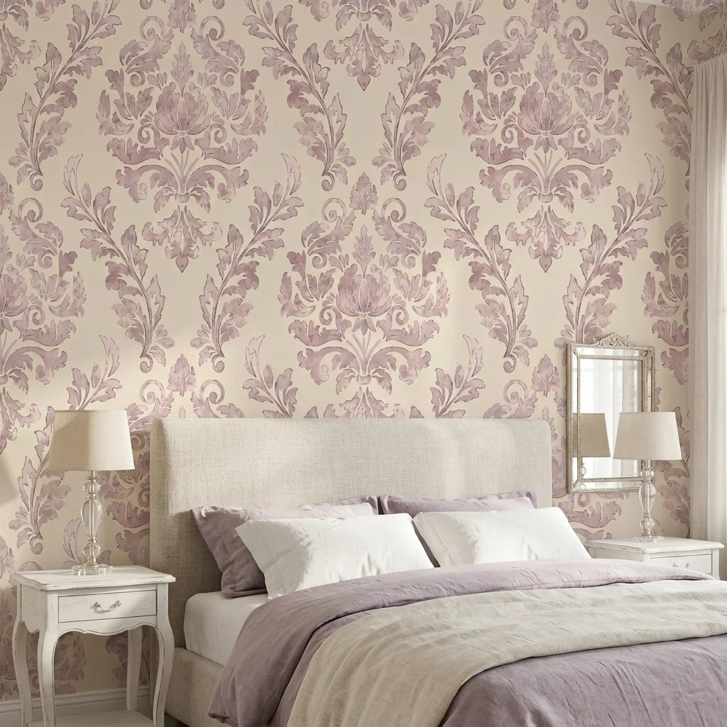 Embroidered Floral Dream soft pink damask wallpaper adding character to a cozy bedroom