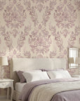 Embroidered Floral Dream soft pink damask wallpaper adding character to a cozy bedroom