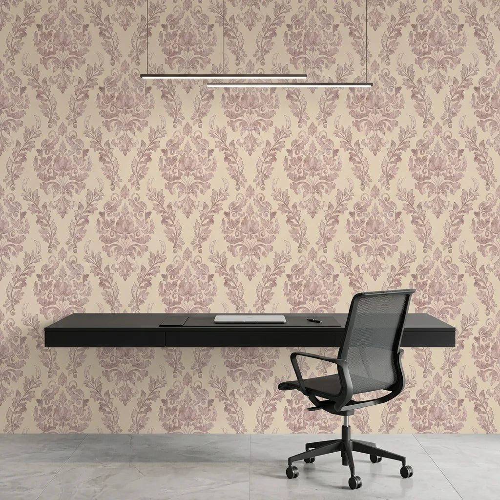 Embroidered Floral Dream soft pink damask wallpaper as a feature wall in a bright home office