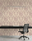 Embroidered Floral Dream soft pink damask wallpaper as a feature wall in a bright home office