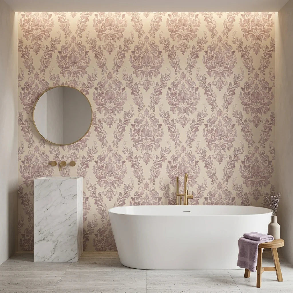 Embroidered Floral Dream soft pink damask wallpaper creating ambiance in a serene bathroom