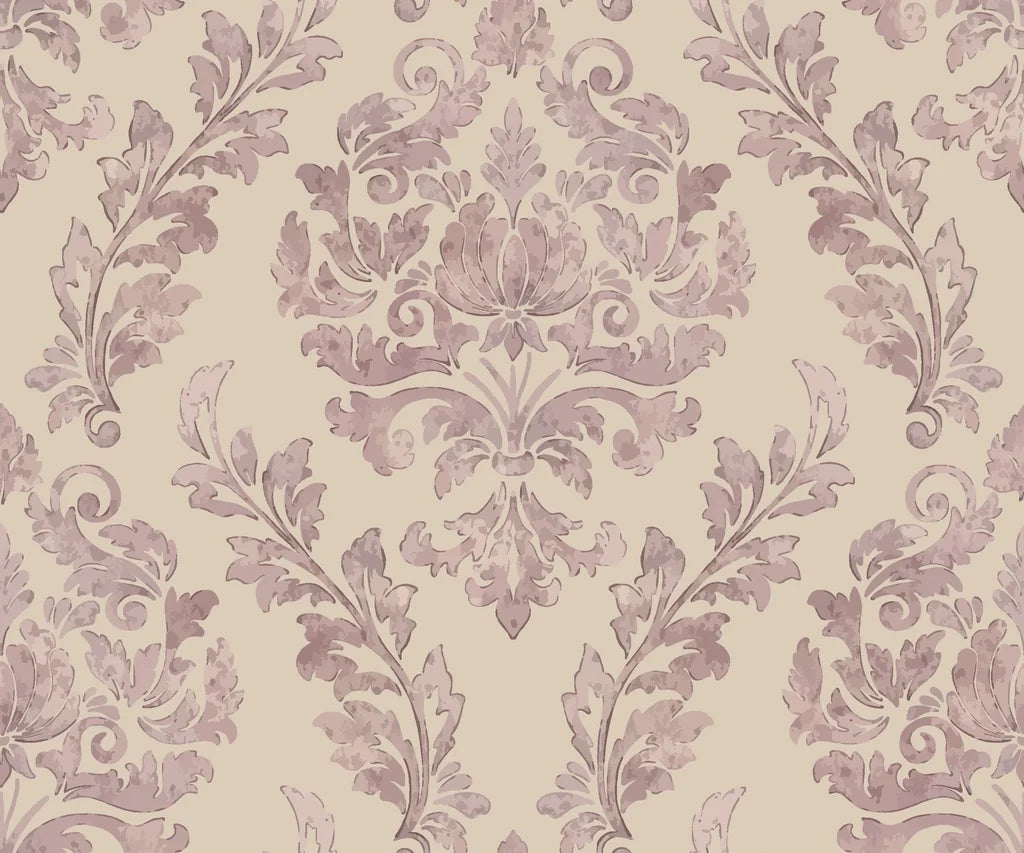 Elegant damask wallpaper in mauve and cream featuring ornate acanthus scrollwork in Embroidered Floral Dream pattern