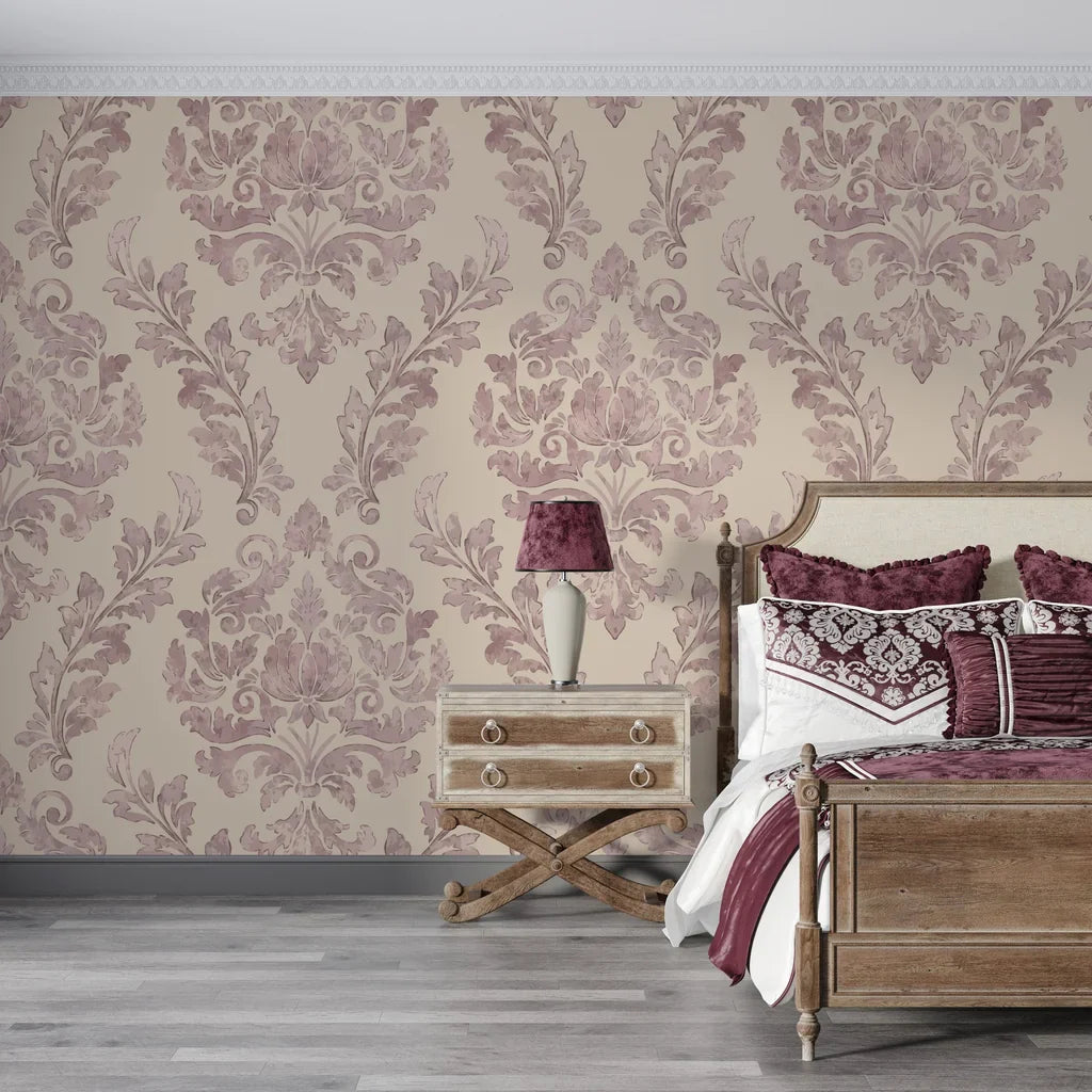 Mauve and cream Embroidered Floral Dream damask wallpaper in elegant bedroom with coordinating purple bedding