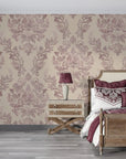 Mauve and cream Embroidered Floral Dream damask wallpaper in elegant bedroom with coordinating purple bedding