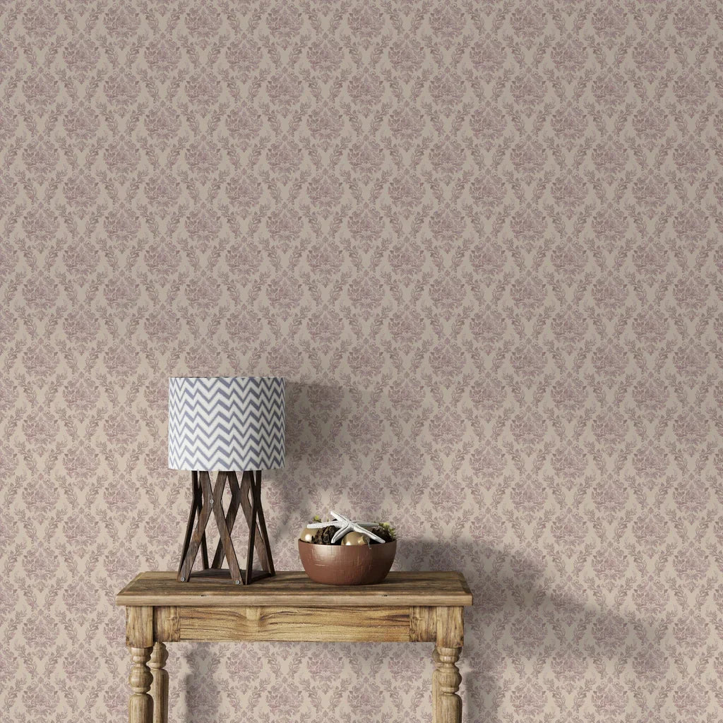 Mauve and beige Embroidered Floral Dream damask wallpaper in traditional living room setting