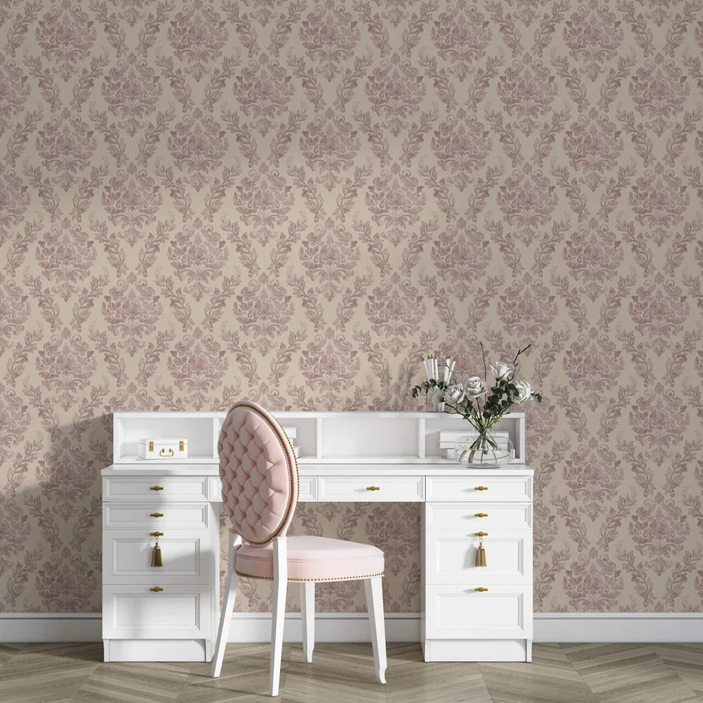 Embroidered Floral Dream wallpaper in mauve and beige damask pattern styling elegant white vanity desk