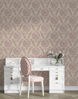 Embroidered Floral Dream wallpaper in mauve and beige damask pattern styling elegant white vanity desk