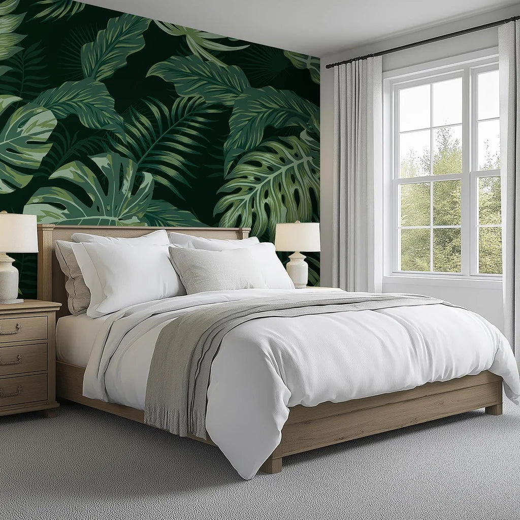Matte deep green tropical monstera and palm leaf peel and stick wallpaper - Emerald Jungle