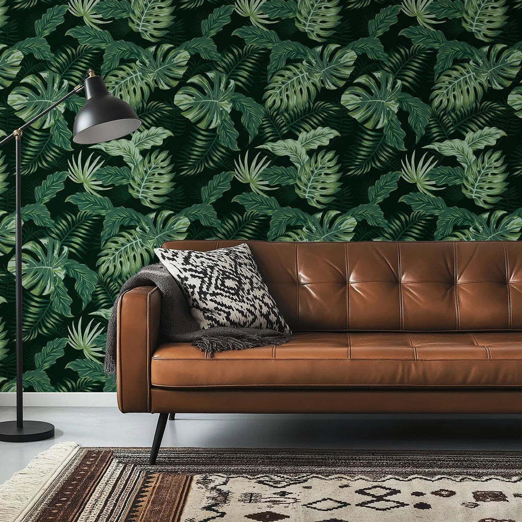 Matte deep green tropical monstera and palm leaf peel and stick wallpaper - Emerald Jungle