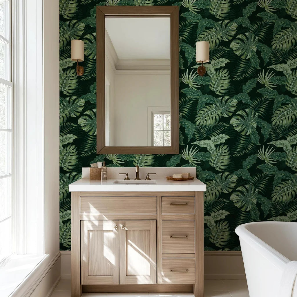 Matte deep green tropical monstera and palm leaf peel and stick wallpaper - Emerald Jungle