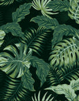 Tropical foliage motif set against a deep green backdrop