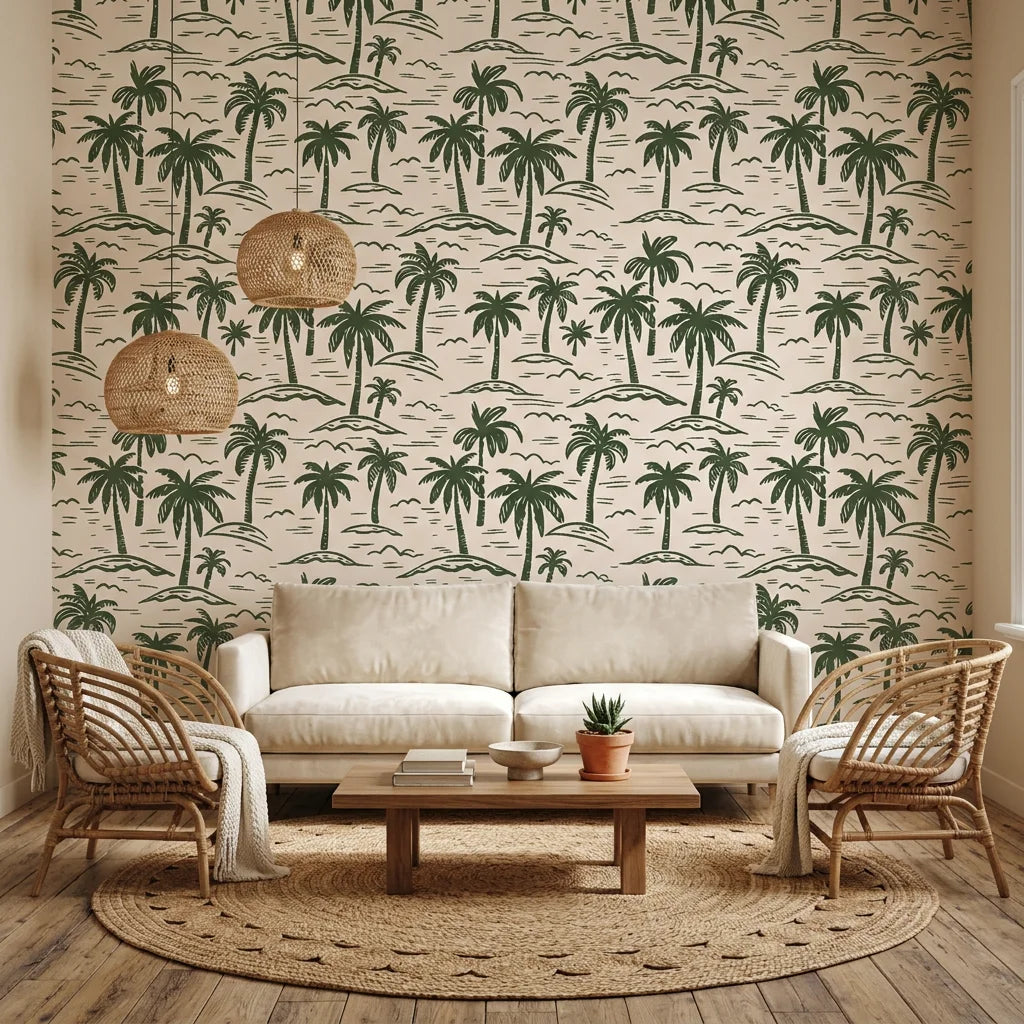 Emerald Breeze green grass wallpaper in a warm and inviting living room