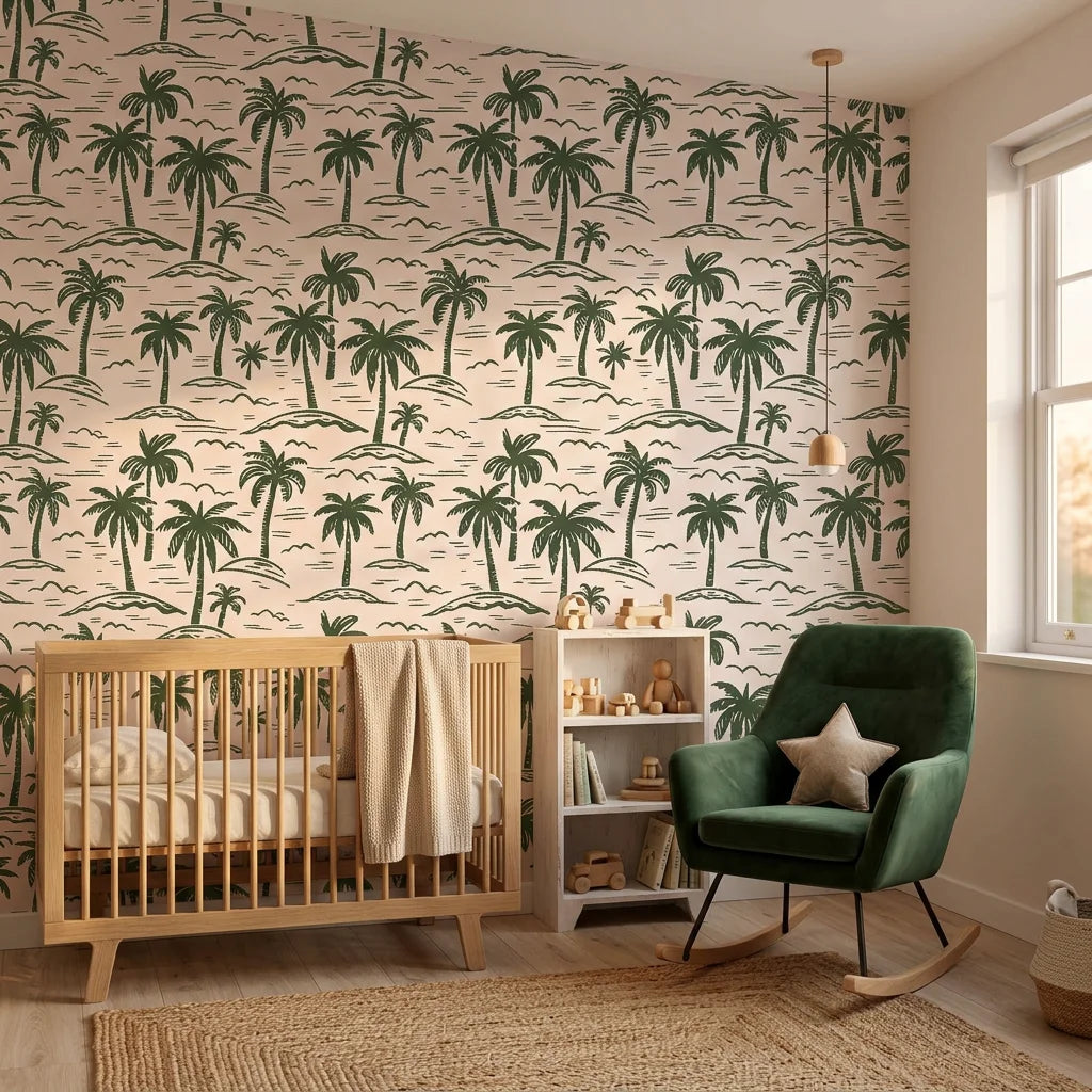 Emerald Breeze green grass wallpaper adding character to a cozy bedroom