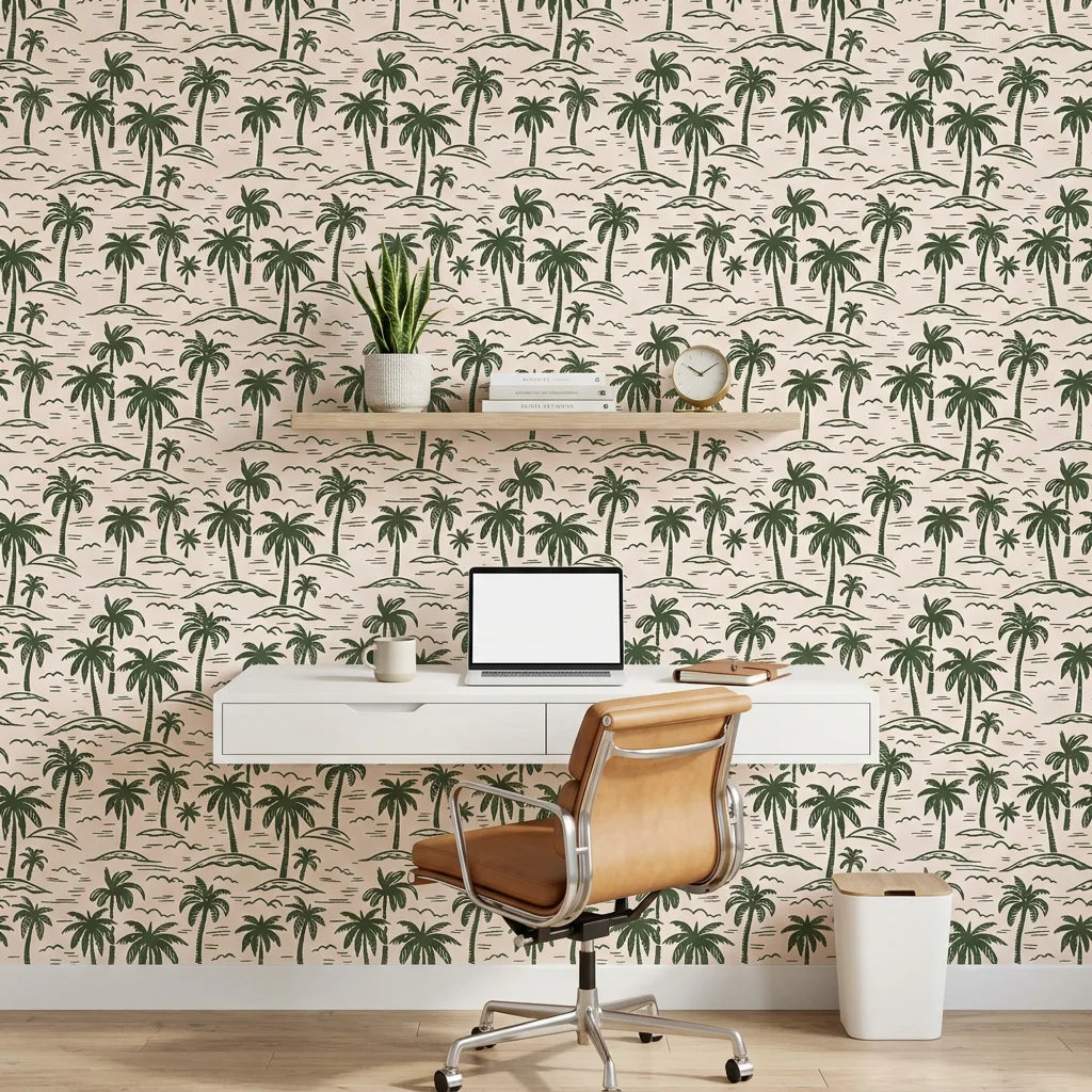 Emerald Breeze green grass wallpaper as a feature wall in a bright home office