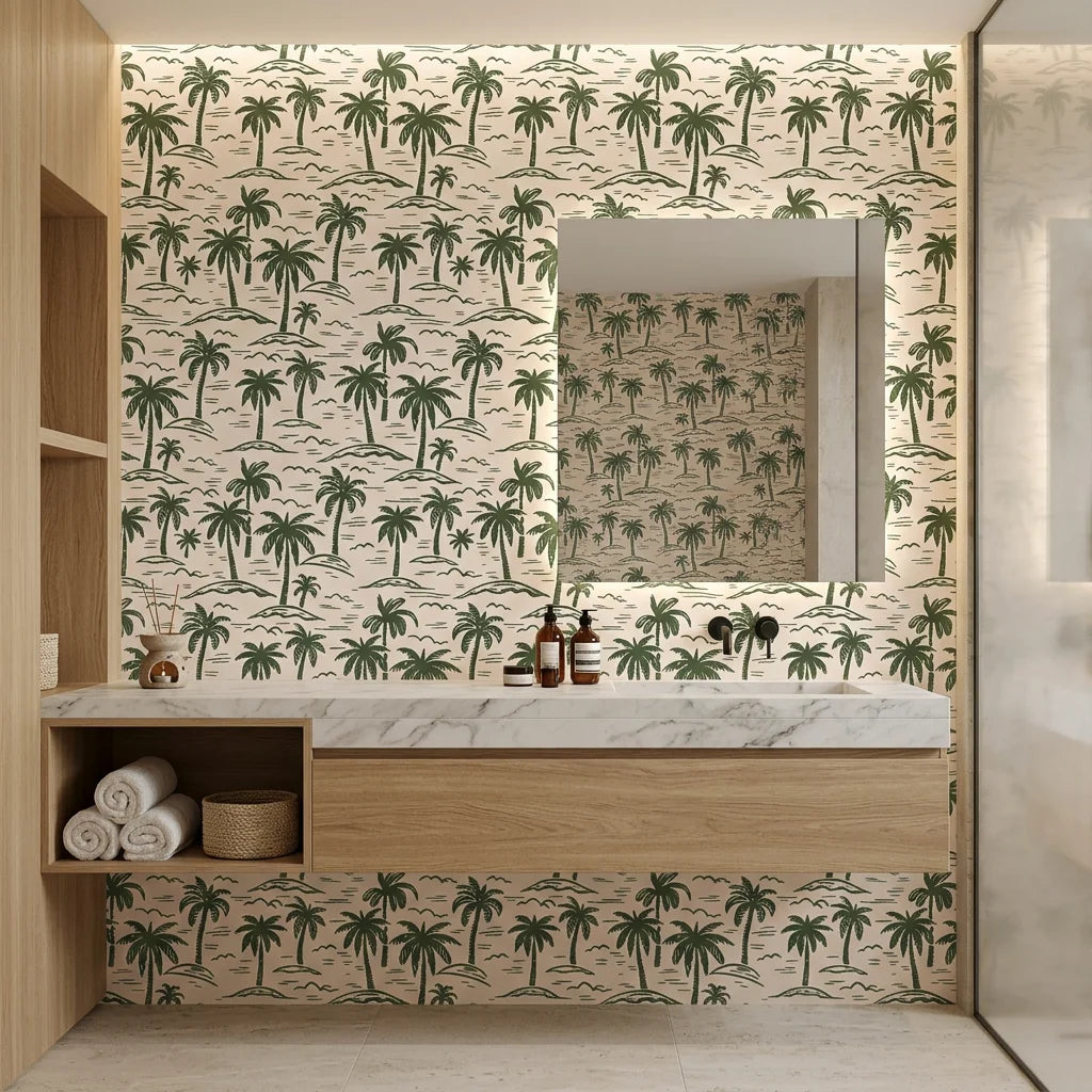 Emerald Breeze green grass wallpaper creating ambiance in a serene bathroom