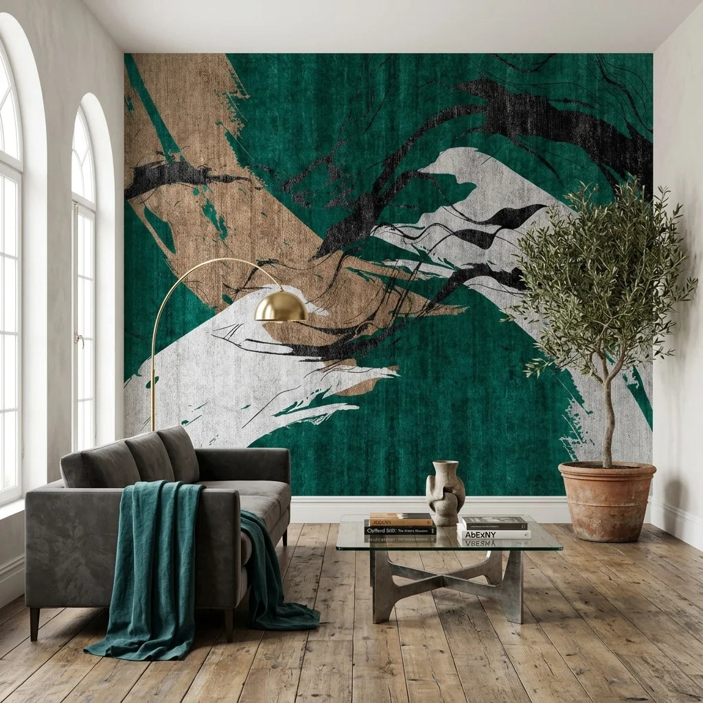 Linen-like emerald green and gold abstract peel and stick wallpaper - Emerald Crossing