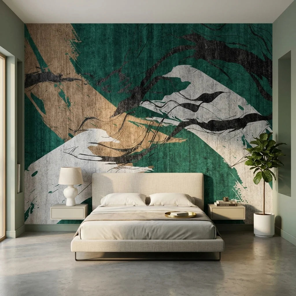 Emerald Crossing green and gold abstract wallpaper in a warm and inviting living room