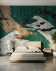 Emerald Crossing green and gold abstract wallpaper in a warm and inviting living room