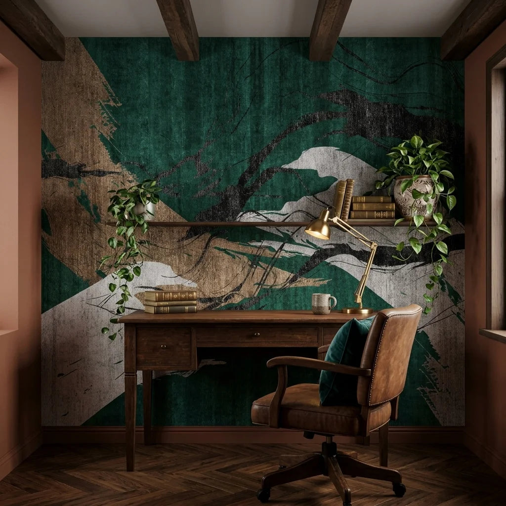Emerald Crossing green and gold abstract wallpaper adding character to a cozy bedroom