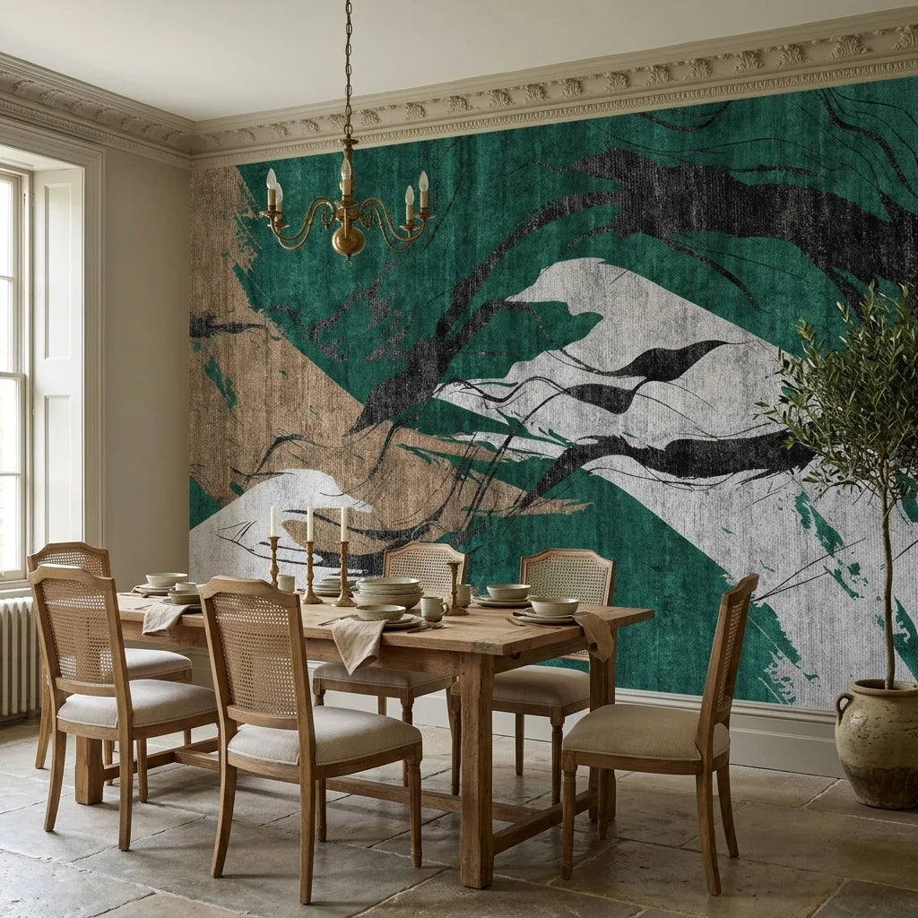 Emerald Crossing green and gold abstract wallpaper as a feature wall in a bright home office