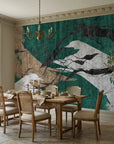 Emerald Crossing green and gold abstract wallpaper as a feature wall in a bright home office