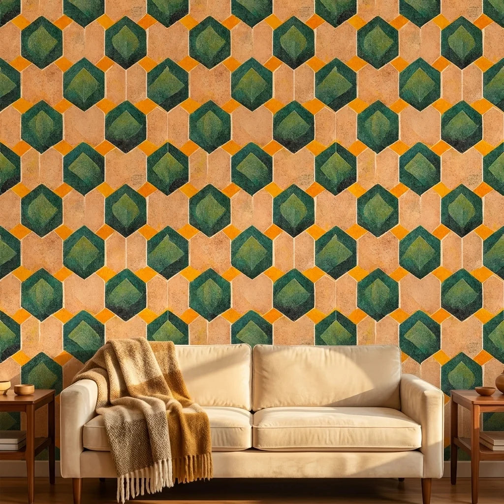 Emerald Hive bold green and gold geometric hexagon wallpaper creating ambiance in a serene bathroom