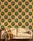 Emerald Hive bold green and gold geometric hexagon wallpaper creating ambiance in a serene bathroom