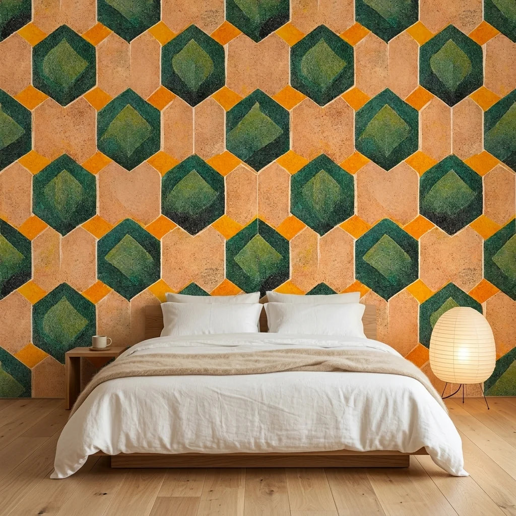 Emerald Hive bold green and gold geometric hexagon wallpaper in a warm and inviting living room
