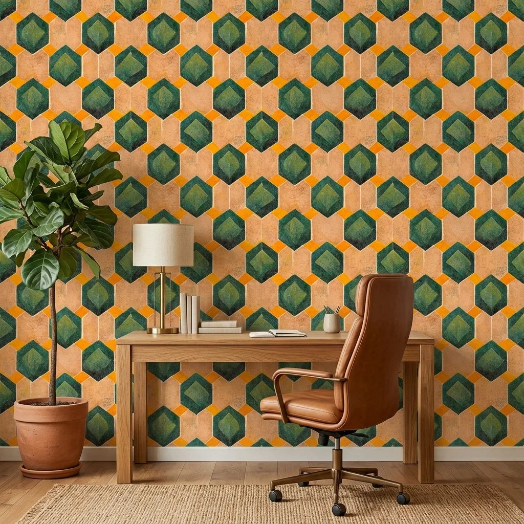 Emerald Hive bold green and gold geometric hexagon wallpaper adding character to a cozy bedroom