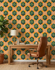 Emerald Hive bold green and gold geometric hexagon wallpaper adding character to a cozy bedroom
