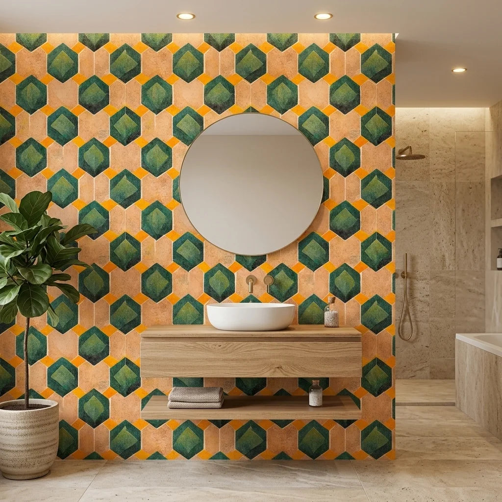 Emerald Hive bold green and gold geometric hexagon wallpaper as a feature wall in a bright home office