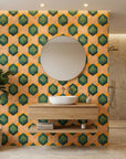 Emerald Hive bold green and gold geometric hexagon wallpaper as a feature wall in a bright home office