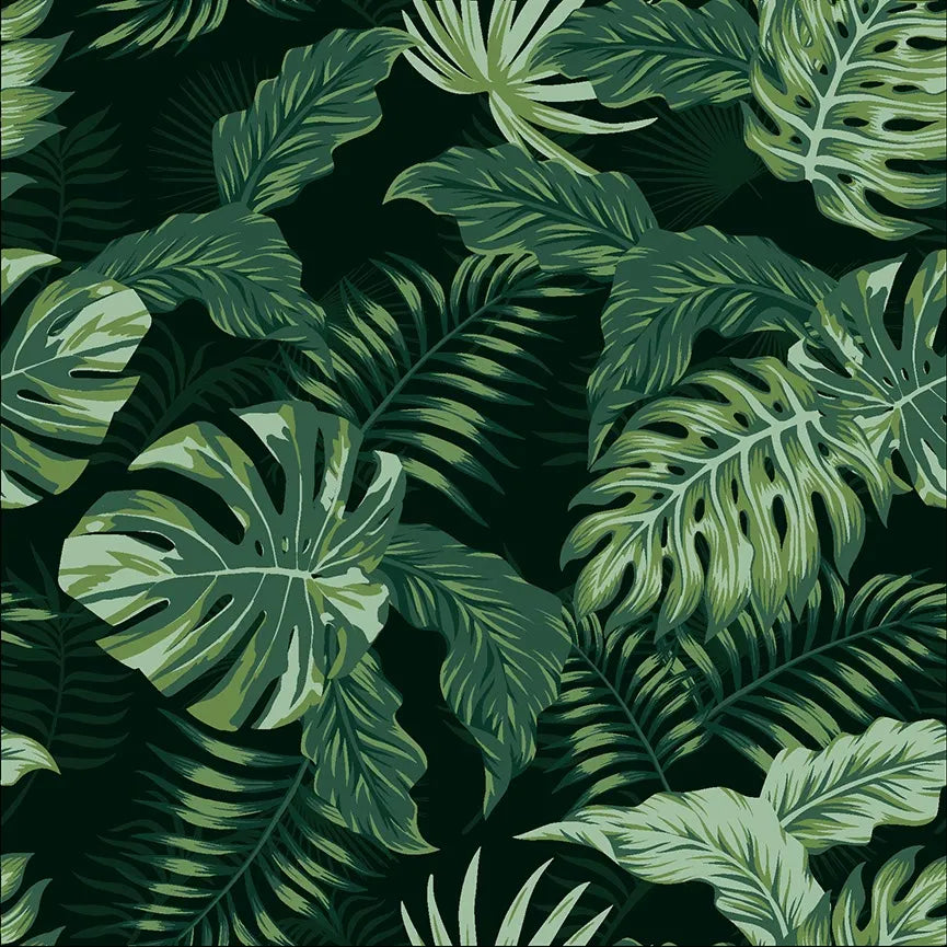 Matte deep green tropical monstera and palm leaf peel and stick wallpaper - Emerald Jungle