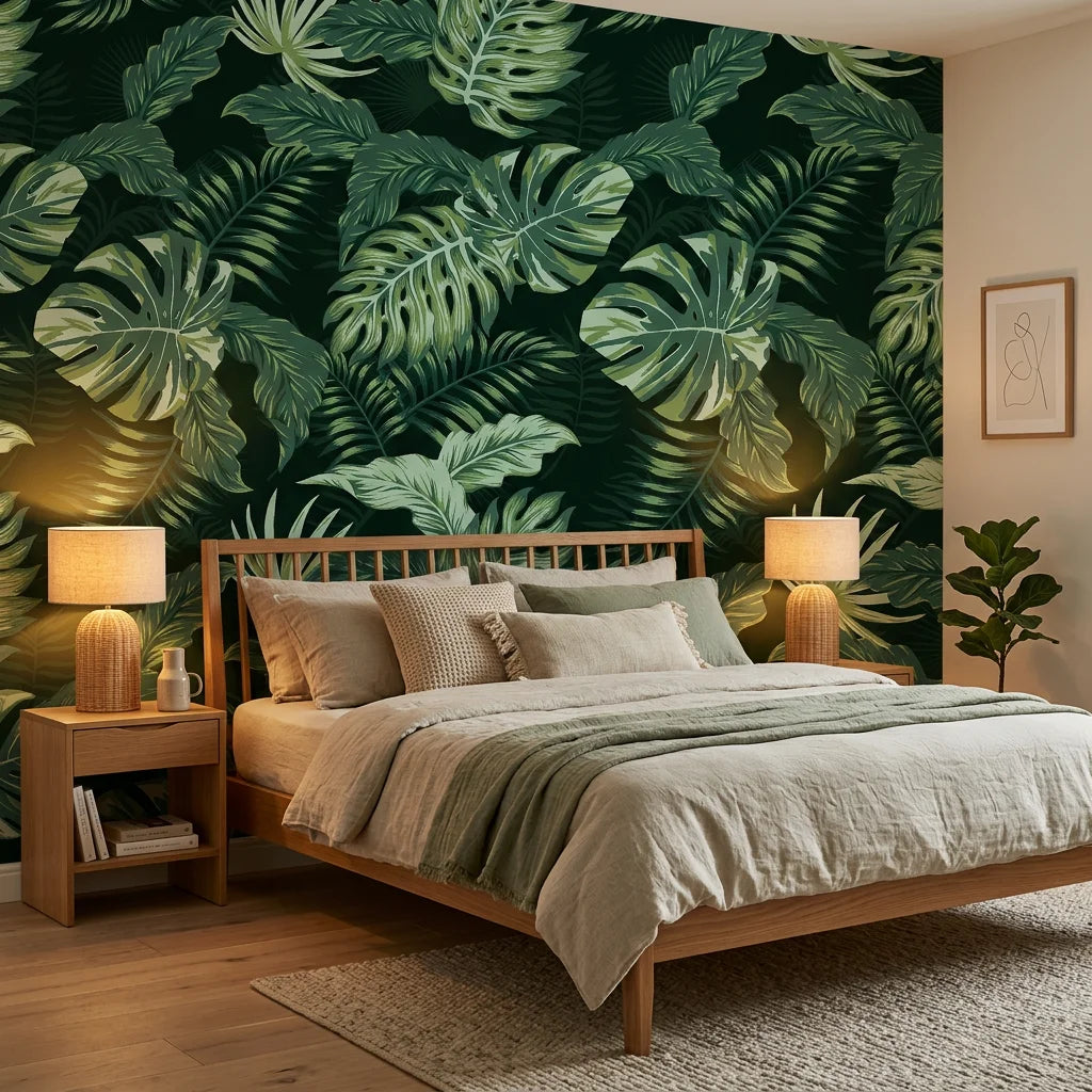 Emerald Jungle deep green tropical botanical wallpaper adding character to a cozy bedroom