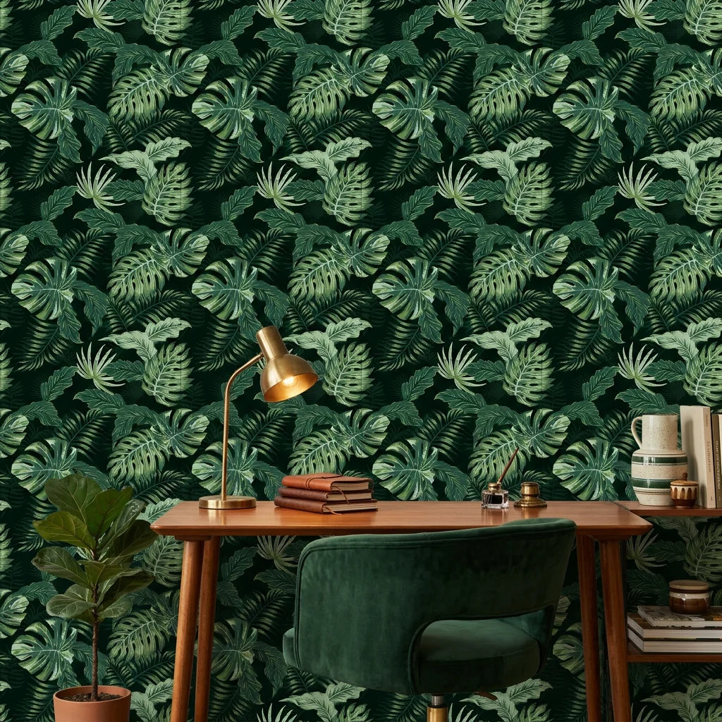 Emerald Jungle deep green tropical botanical wallpaper as a feature wall in a bright home office