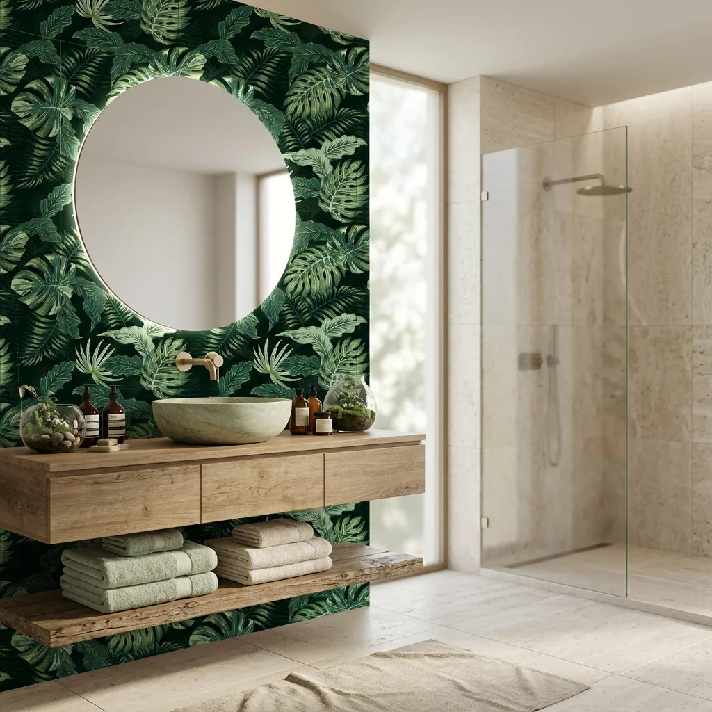 Emerald Jungle deep green tropical botanical wallpaper creating ambiance in a serene bathroom