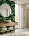 Emerald Jungle deep green tropical botanical wallpaper creating ambiance in a serene bathroom