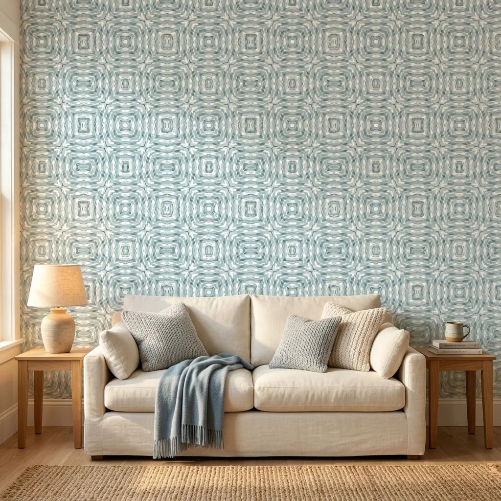 Emerald Lozenge cool geometric peel and stick wallpaper in a warm and inviting living room