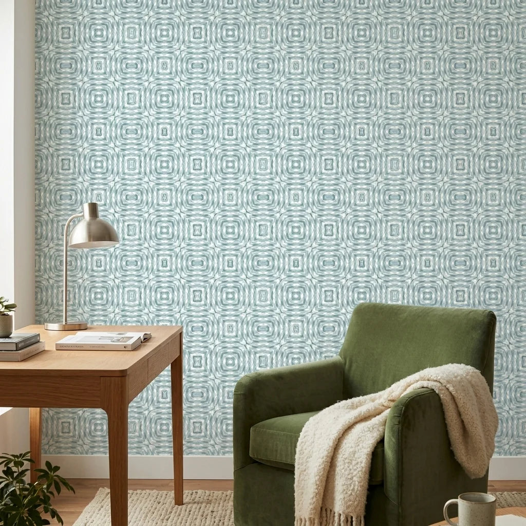 Emerald Lozenge cool geometric peel and stick wallpaper as a feature wall in a bright home office
