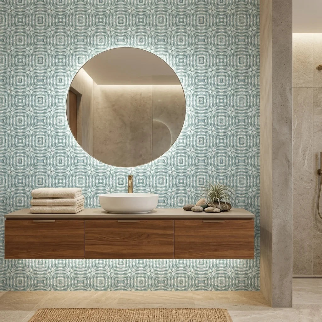 Emerald Lozenge cool geometric peel and stick wallpaper creating ambiance in a serene bathroom