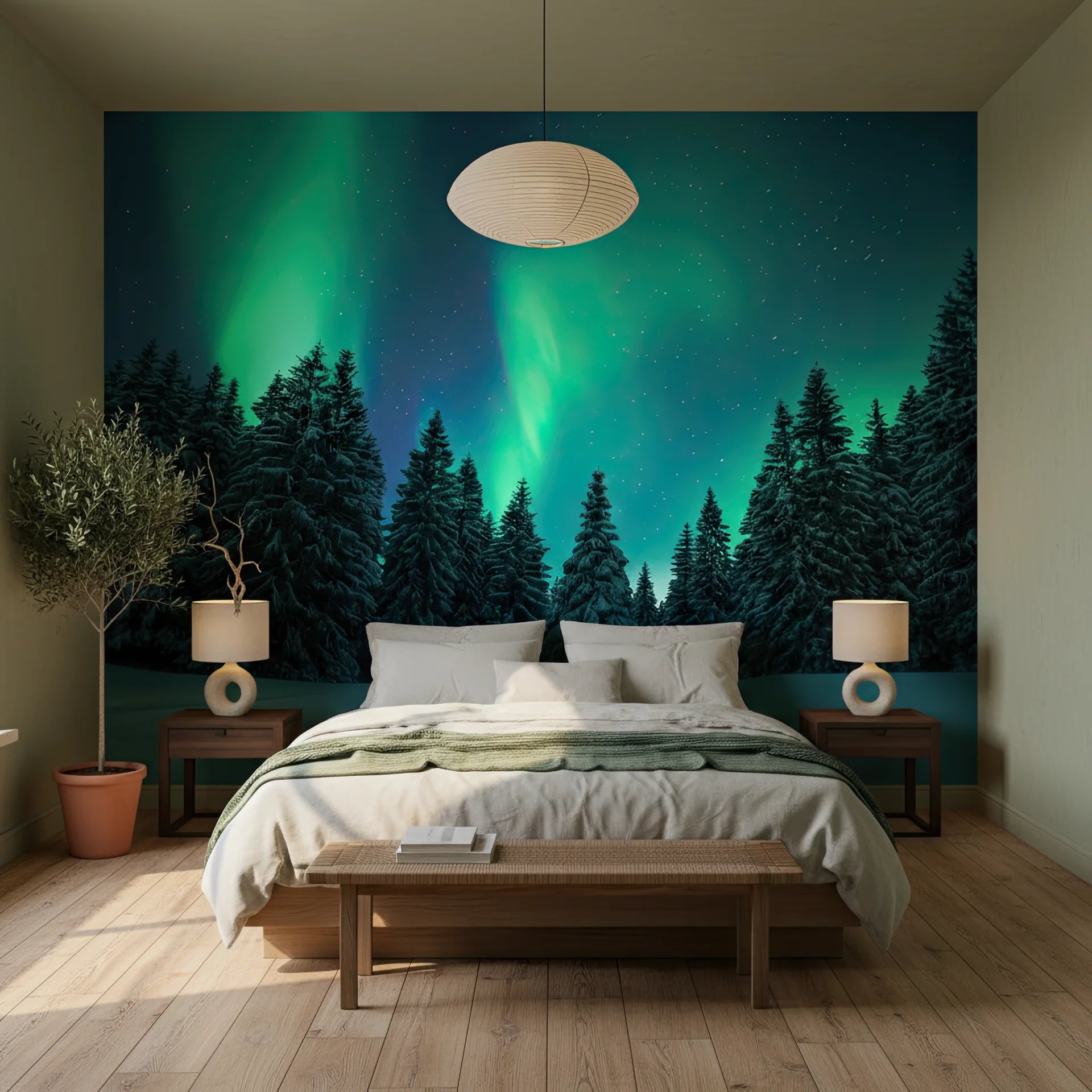 Dark emerald and deep green night landscape with dramatic mood removable wallpaper