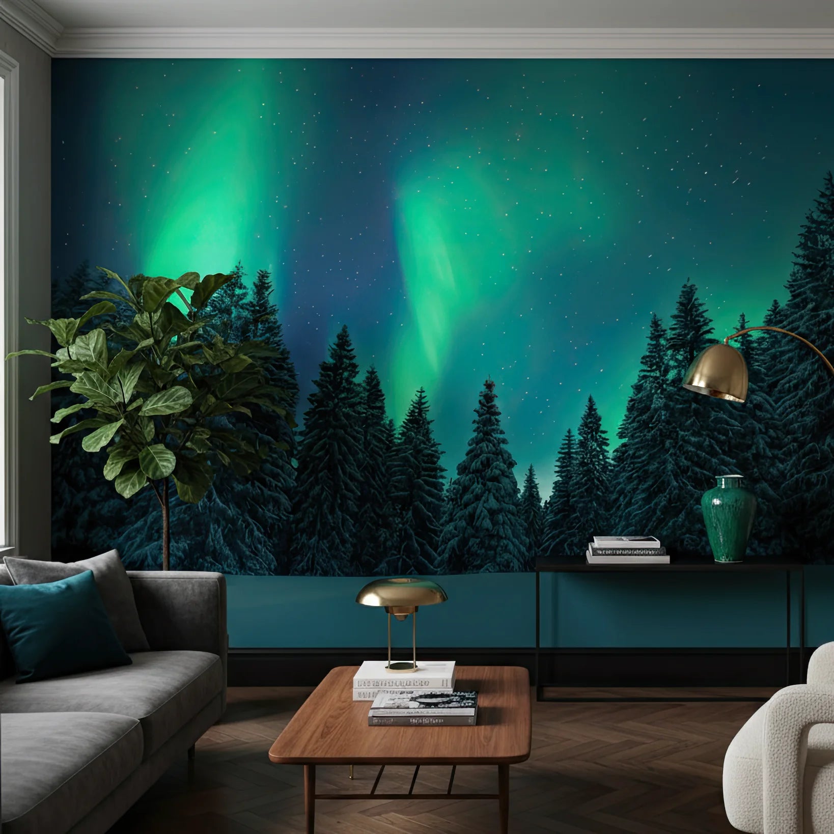 Moody emerald forest at night or twilight with atmospheric texture peel and stick