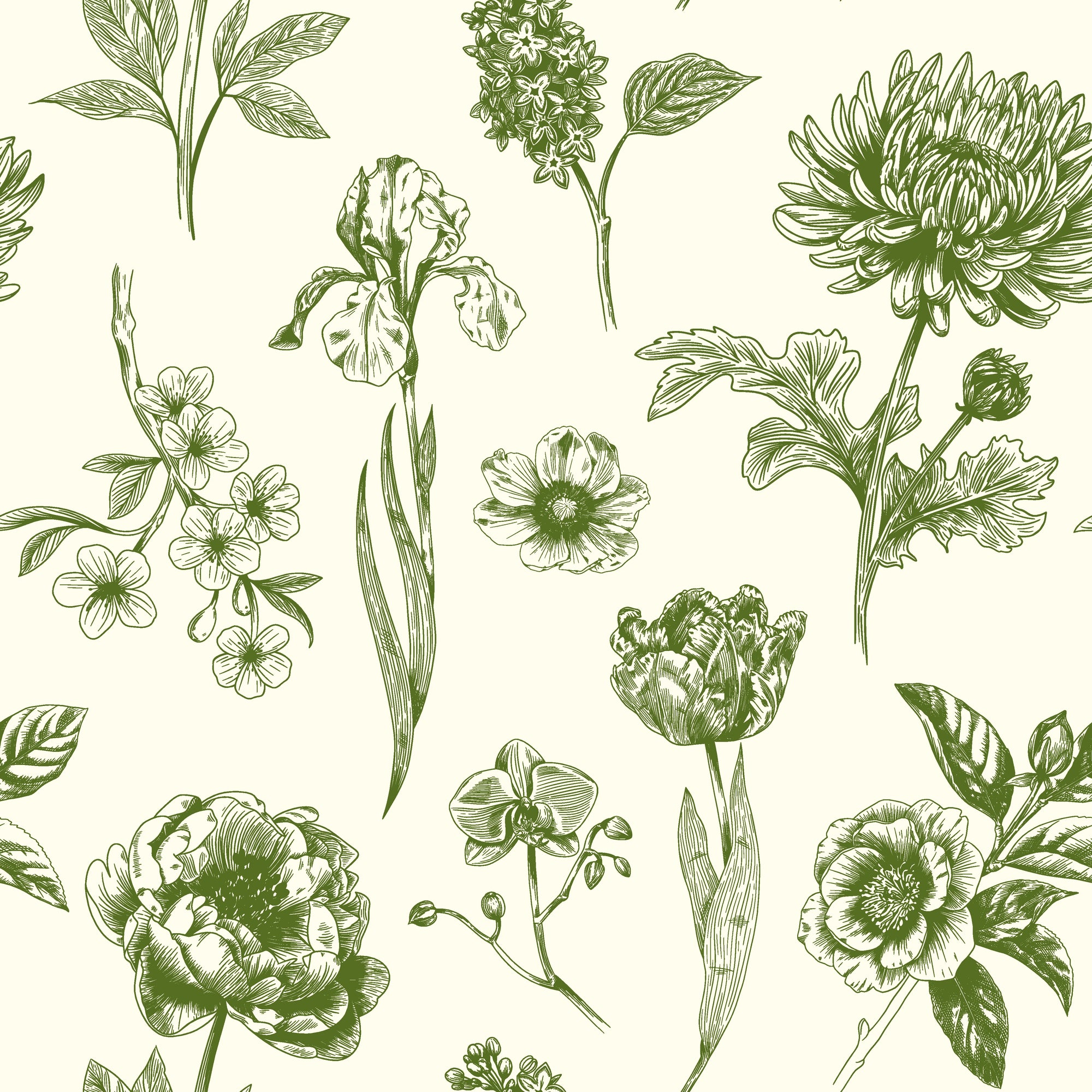 Matte green botanical floral peel and stick wallpaper - Emerald Peony