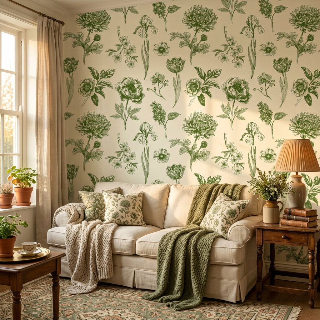 Emerald Peony green botanical floral wallpaper in a warm and inviting living room